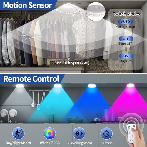 RGB LED Motion Sensor Light Indoor, Bright & Dimmable, Long-Lasting | Rechargeable Battery, Stick-On Puck Night Light with Remote for Closet, Cabinet, Kitchen, Stairs, Shelves - Cool & RGB, 2Pack - color: Cool White & RGB(2 Pack)