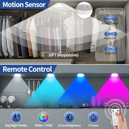 RGB LED Motion Sensor Light Indoor, Bright & Dimmable, Long-Lasting | Rechargeable Battery, Stick-On Puck Night Light with Remote for Closet, Cabinet, Kitchen, Stairs, Shelves - Warm & RGB, 2Pack - color: Warm White & RGB(2 Pack)