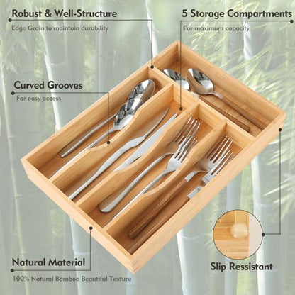 Upassion Bamboo Kitchen Drawer Organizer, 8.25 Inch Utensil Organizer Silverware Utensil Holder for Samll Drawer, Silverware Organizer for Cutlery Knives, Natural - size: 8.25 x 13 inch (5 Slots)