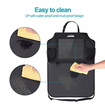 Oasser Seat Back Protector Kick Mats Backseat Car Organizers | 2 Pack, 1 Tissue Box, 12.9" Touch Screen Tablet Holder, Large Back of Seat Protector and Storage for Kids, 8 Pockets, Black