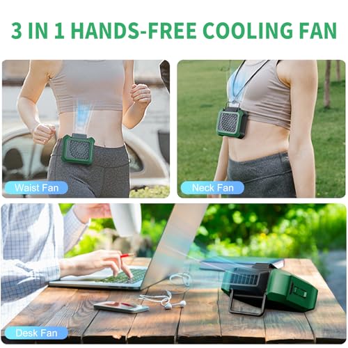 Portable Waist Fan, Personal Clip on Fan Rechargeable Hands-Free Hanging Neck/Desk Fans with 3-Speed Settings & LED Light, Small Wearable Cooling Belt Shirt Fans for Camping Travel Outdoors