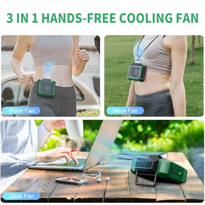 Portable Waist Fan, Personal Clip on Fan Rechargeable Hands-Free Hanging Neck/Desk Fans with 3-Speed Settings & LED Light, Small Wearable Cooling Belt Shirt Fans for Camping Travel Outdoors