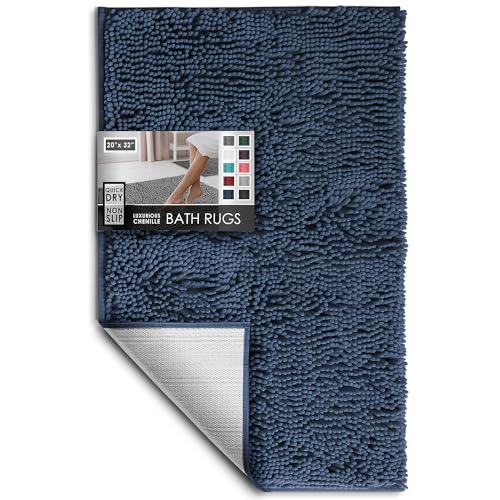 Hearth & Harbor Bathroom Rugs, Chenille Bath Mat - Machine Washable Bath Mats for Bathroom Non-Slip Backing Rubber, Quick Dry Bathroom Mat - color: Navy Blue, style: 20 x 32