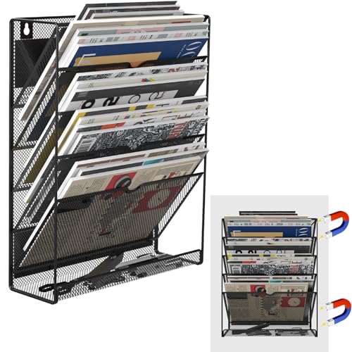 6-Tier Magnetic File Holder, No Drilling Installation File Cabinet Organizer,Black Magnetic File Holders, Magnetic Paper Holder for Refrigerator,File Cabinets, Whiteboard - color: Black