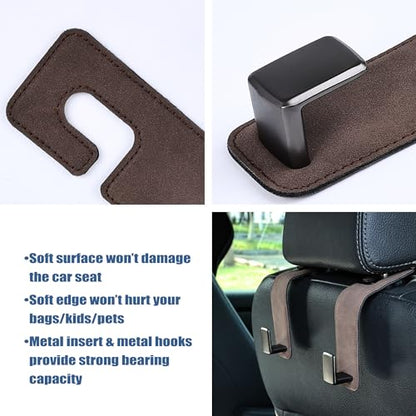 Amooca Car Seat Back Hook Universal Auto Storage Hanger Suede with Metal Car Seat Organizer for Handbag Purse Coat Umbrellas Grocery Bags 2 Pack Brown - color: Brown