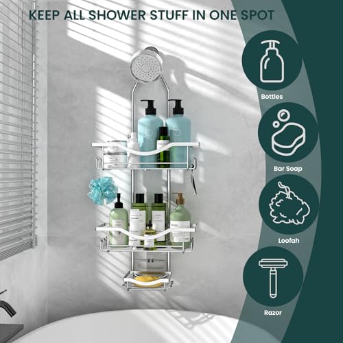 Shower Caddy Hanging Adjustable Shower Caddy, Rustproof Shower Organizer Extended Length Showers Caddy Over Shower Head with Hooks Soap Holder, Large Capacity Anti-Swing Bathroom Organizer, Silver - color: Silver