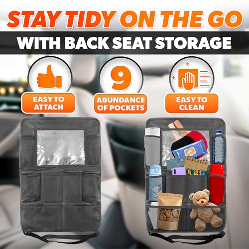 2 Pcs Backseat Car Organizer - Travel-Ready 23.4x16" Back Seat Car Organizer with 9 Large Pockets and Clear Tablet Holder, Made from Polyester with Adjustable Straps - Easy to Attach and Clean