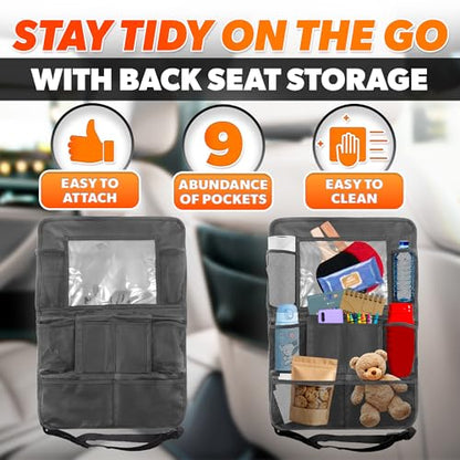 2 Pcs Backseat Car Organizer - Travel-Ready 23.4x16" Back Seat Car Organizer with 9 Large Pockets and Clear Tablet Holder, Made from Polyester with Adjustable Straps - Easy to Attach and Clean