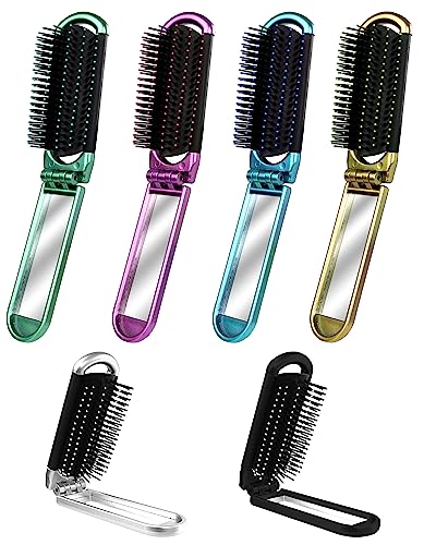 6 PCS Folding Travel Hairbrush Set with Compact Mirror for Women - Mini Pocket Brush with Mirror for Purse and Girls