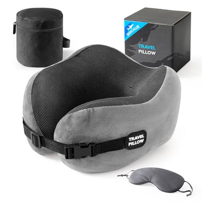 Neck Pillow Travel Pillow - 100% Pure Memory Foam Airplane Pillow with Adjustable Clasp & Removable Cover, Portable Travel Essentials for Long Flights, Car & Office (Light Gray, with Eye Mask) - color: Light Gray, With Eye Mask