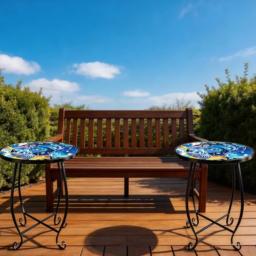 15 Inch Jellyfish Mosaic Side Table (1 PC) - Small Outdoor Round Folding Table with Weather-Resistant Metal Frame, Coastal Accent End Table for Patio, Garden, Balcony, Backyard - color: Ocean