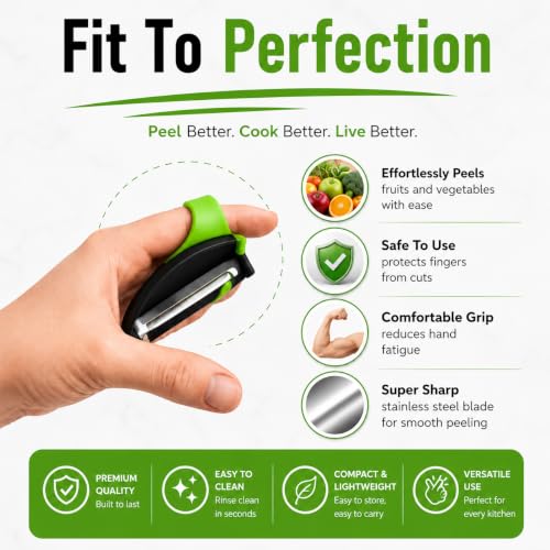 2-Finger Vegetable Peeler – Ergonomic Fruit & Vegetable Peeler with Secure Finger Grip, Sharp Stainless Steel Blade, Easy-Control Kitchen Peeling Tool for Carrots, Potatoes, Cucumbers & More - color: Green & Black