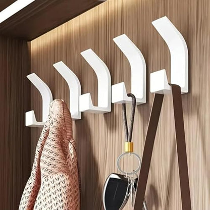 5PCS Dual-Hook Adhesive Wall Hooks – No-Drill Organizer for Coats, Towels & Home Use - White