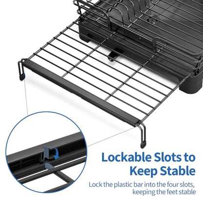 TOOLF Dish Drying Rack - Expandable Dish Rack, Large Capacity Dish Drainer for Kitchen Counter, Stainless Steel Dish Strainer with Cups Holder & Utensil Holder,Black