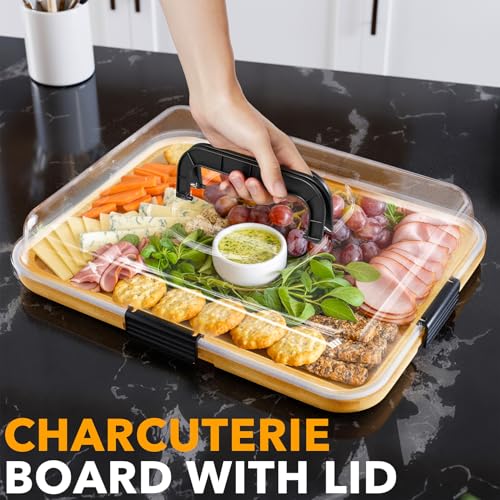 SpaceAid Charcuterie Board with Clear Lid, Portable Travel Cheese Cutting Boards for Picnic Accessories, Bamboo Serving Tray with Lids, House Warming Gifts, Black Handles, 1 Compartments - color: Black Handles, 1 Compartment