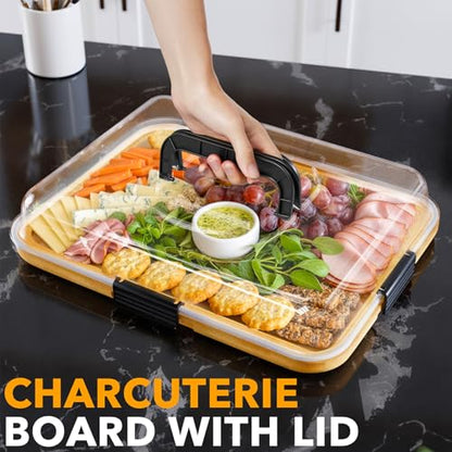 SpaceAid Charcuterie Board with Clear Lid, Portable Travel Cheese Cutting Boards for Picnic Accessories, Bamboo Serving Tray with Lids, House Warming Gifts, Black Handles, 1 Compartments - color: Black Handles, 1 Compartment