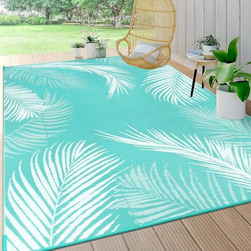 Pauwer Waterproof Outdoor Rug 6x9, Reversible Plastic Straw Patio Camping Rug, Indoor Outdoor RV Mat Carpet for Deck, Camper, Porch, Balcony, Backyard, Picnic, Leaf Light Blue - color: Leaf Light Blue, size: 6' x 9' (Rectangular)