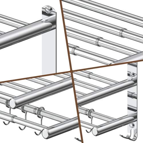 Bathroom Towel Rack with Shelf and Towel Bar, 2-Tier Expandable (16.9 to 28 Inches) SUS304 Stainless Steel, Wall Mounted or Adhesive, 4 Sliding Hooks Rust Resistant, Rounded Corners, Side Guards