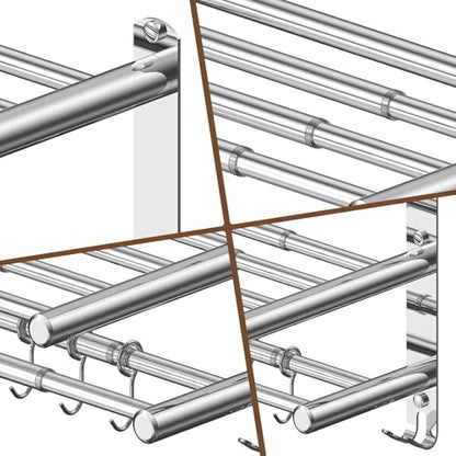 Bathroom Towel Rack with Shelf and Towel Bar, 2-Tier Expandable (16.9 to 28 Inches) SUS304 Stainless Steel, Wall Mounted or Adhesive, 4 Sliding Hooks Rust Resistant, Rounded Corners, Side Guards