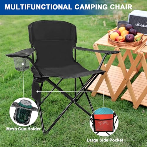 Folding Camping Collapsible Chairs Heavy Duty Lawn Chair with Cooler Bag, Storage Pocket, Waterproof Bag Outdoor Arm Chair, Supports 225LBS, Black