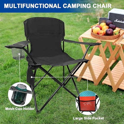 Folding Camping Collapsible Chairs Heavy Duty Lawn Chair with Cooler Bag, Storage Pocket, Waterproof Bag Outdoor Arm Chair, Supports 225LBS, Black