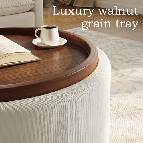 Round Storage Ottoman Coffee Table with Walnut Tray, 30'' Round Ottoman with Storage, Modern Upholstered Coffee Table with with 4 Casters for Living Room, Linen Fabric, Beige - color: Beige