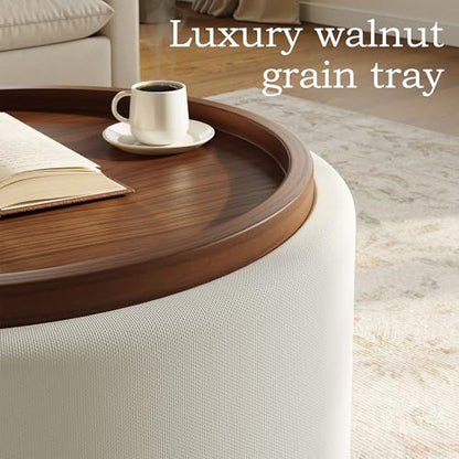 Round Storage Ottoman Coffee Table with Walnut Tray, 30'' Round Ottoman with Storage, Modern Upholstered Coffee Table with with 4 Casters for Living Room, Linen Fabric, Beige - color: Beige