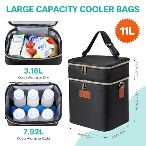PIIOSER Breastmilk Cooler Bag with Ice Pack Fits 6 Baby Bottles Up to 9 Ounce, Insulated Baby Bottle Tote Bags, Double Layer Waterproof Leak-Proof with Shoulder Strap for Nursing &Working Mom - color: Black