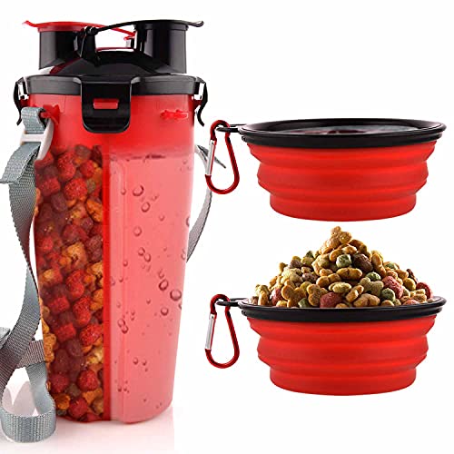 Dog Travel Water Bottle Collapsible Bowls, 2 in 1 Pet Food Container with Collapse Bowls, Outdoor Portable Water Bowls for Walking, Traveling, Camping and Hiking (Red) - color: Red