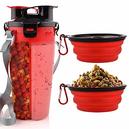 Dog Travel Water Bottle Collapsible Bowls, 2 in 1 Pet Food Container with Collapse Bowls, Outdoor Portable Water Bowls for Walking, Traveling, Camping and Hiking (Red) - color: Red