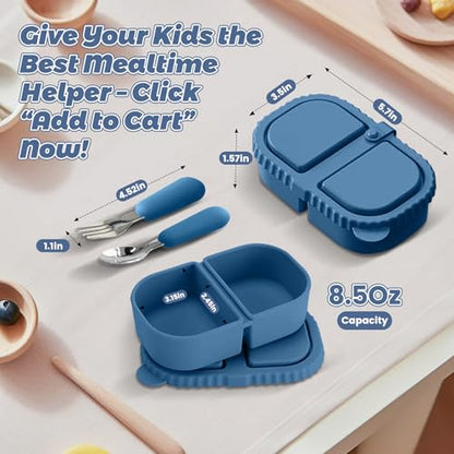 Silicone Snack Containers for Kids (8.5Oz, 2-Compartment)+ Kids Silicone Cutlery Set (Spoon and Fork) - BPA Free, Leak Proof, Great for Toddler/Kid/Adult Meal Prep Containers (blue) - color: Blue