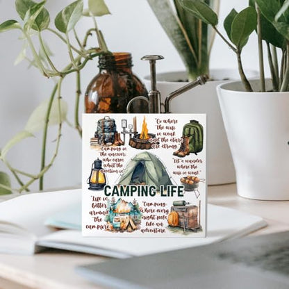 Camping Desk Decorations Wooden Sign, Camp Decor for Home Cabin RV Camper, Camper Gifts for Women Men Camp Lover, Camping Life