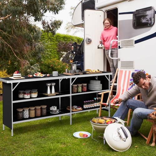 COSTWAY 81" Folding Picnic Table, Portable Bar Table with Carry Bag, Lightweight Aluminum Food Prep Station with 2 Shelves, Quick Set-up, BBQ, Party, Backyard, Black - color: Black, size: 81"W x 32.5"H