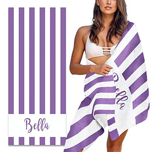 MeMoShe Personalized Beach Towel for Kids Custom Microfiber Beach Towels with Name Sand Free Pool Towel Quick Dry Blanket Stripes Print Beach Towels for Adults 30x60 Inch-Light Purple - color: Light Purple