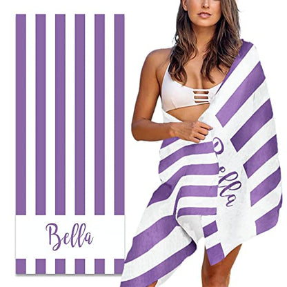 MeMoShe Personalized Beach Towel for Kids Custom Microfiber Beach Towels with Name Sand Free Pool Towel Quick Dry Blanket Stripes Print Beach Towels for Adults 30x60 Inch-Light Purple - color: Light Purple