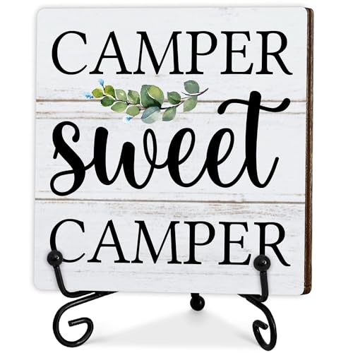 Camping Gifts for Women, Rustic Camping Decor, Camper Sweet Camper Wooden Sign with Stand, Birthday Gifts for Men Friends, Farmhouse Desk Decorations for Kitchen Shelf Table, 5"x5"-A10 - color: Gray