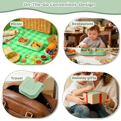 Green Foldable Silicone Baby Feeding Set, Portable Travel Baby Feeding Essentials Including Toddler Plates, Silicone Baby Spoon&Fork, Adjustable Foldable Bib, Portable Infant Toddler Utensils - color: Green