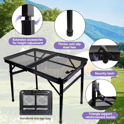 BRIAN & DANY Camping Table Folding Grill Table, Small Foldable Table Height Adjustable, Portable Metal Picnic Table for Outdoor, Black, 2x1.3FT - size: 2x1.3FT