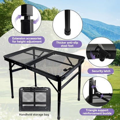 BRIAN & DANY Camping Table Folding Grill Table, Small Foldable Table Height Adjustable, Portable Metal Picnic Table for Outdoor, Black, 2x1.3FT - size: 2x1.3FT