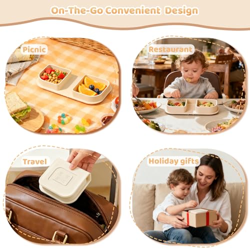 Beige Travel Silicone Foldable Feeding Set, On-the-Go Baby Feeding Supplies Including Toddler Plates, Silicone Baby Spoon&Fork, Adjustable Foldable Bib, Portable Infant Toddler Utensils - color: Beige