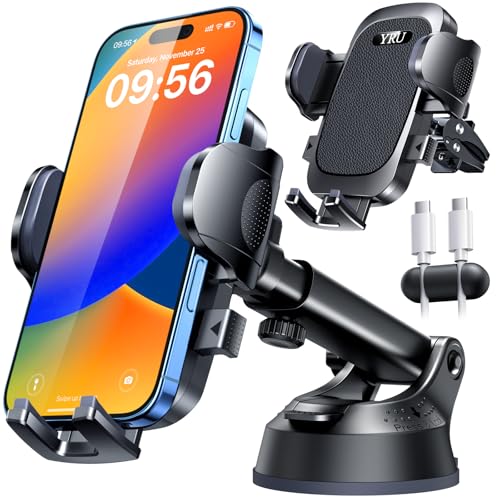 [True Upgrade for Safety] YRU Car Phone Holder Mount [Patent & Military-Grade] Dashboard Cell Phone Holder for Car Vent Windshield Phone Stand for iPhone17 16 15 14 13Pro Max Truck Samsung, Dark Black - color: Dark Black