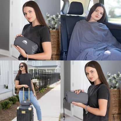 BlueHills Ultra Compact Travel Blanket Pillow in Portable Bag Case Soft 70 X 56 with Strap Backpack Clip Premium Cozy Soft Compact Pack Large Blanket for Airplane Flight Layover Grey - Gray C002 - color: C002-gray