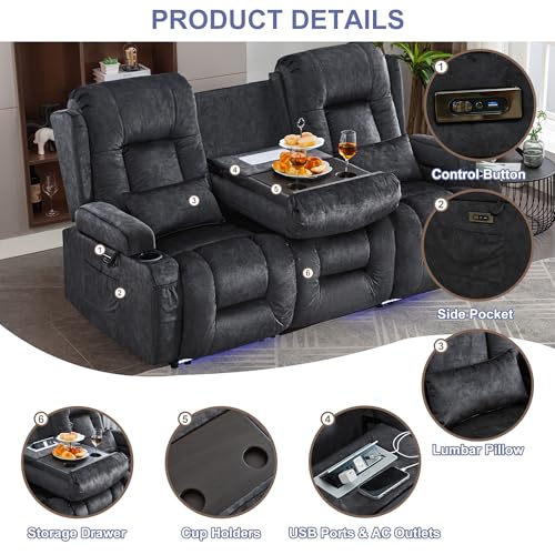 TUNYI Power Loveseat Recliner Sofa with Massage & Heat Home Theater Seating with Console RV Recliner Loveseat Sofa with USB/Storage/Side Pocket/LED Light/Speaker (Grey, 3 Seat) - color: Grey, size: 3 Seat
