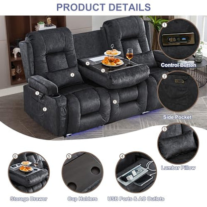 TUNYI Power Loveseat Recliner Sofa with Massage & Heat Home Theater Seating with Console RV Recliner Loveseat Sofa with USB/Storage/Side Pocket/LED Light/Speaker (Grey, 3 Seat) - color: Grey, size: 3 Seat