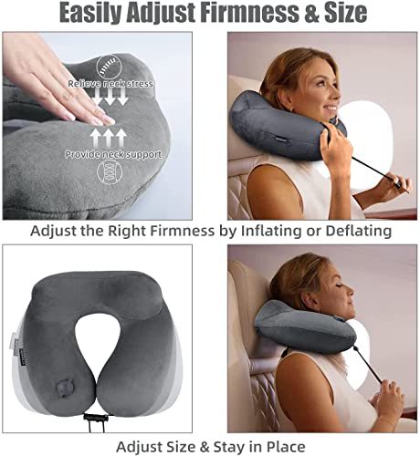 Inflatable Travel Neck Pillow for Airplanes, Super Soft Velvet Neck Support, Adjustable Firmness, Blow Up Plane Pillow for Long Flights, Road Trips, Travel Essentials with Eye Mask, Earplug - color: Premium Grey