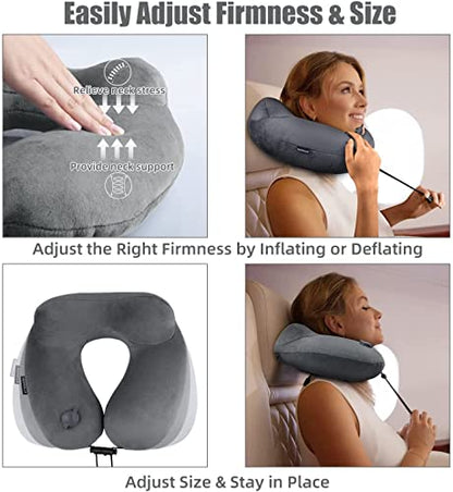 Inflatable Travel Neck Pillow for Airplanes, Super Soft Velvet Neck Support, Adjustable Firmness, Blow Up Plane Pillow for Long Flights, Road Trips, Travel Essentials with Eye Mask, Earplug - color: Premium Grey