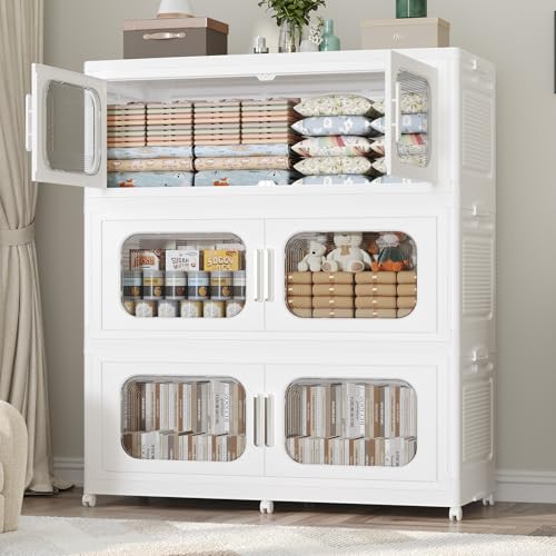 150Gal Exra Large Stackable Storage Bins with Lid, 600QT Collapsible Storage Box with 6x Wheels, Folding Plastic Cabinet Container with Door Drawer for Home Kitchen Office Dorm, 3Pack White - color: White, size: 150Gal-3Pack