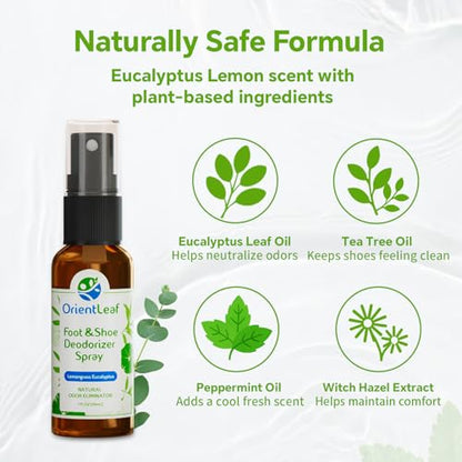 ORIENTLEAF Shoe Deodorizer Spray, Shoe Odor Eliminator for Smelly Shoes, Men, Women, Teenagers, 4 Fl Oz & 1 Fl Oz, Travel Essentials Refresher Spray, Eucalyptus Lemongrass