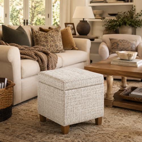 HomePop 18" Square Tufted Storage Ottoman - Cream Textural Woven - color: Cream Textural Woven