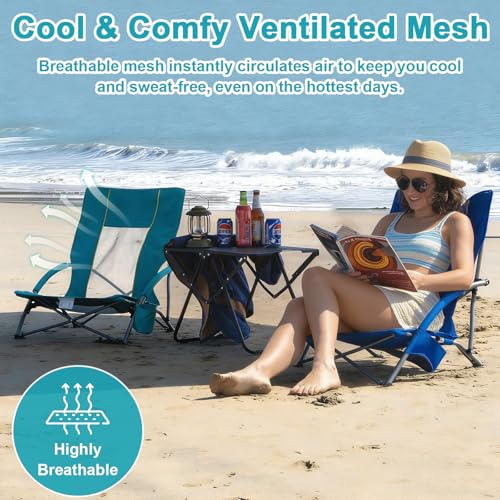 Romswi 2 Pack Lightweight Low Beach Chairs with Breathable Mesh Back, 6LBS Folding Portable Sand Chairs with Cup Holder, Heavy Duty 300lbs Capacity for Camping & Outdoor Use, Blue - color: Blue - Low Back